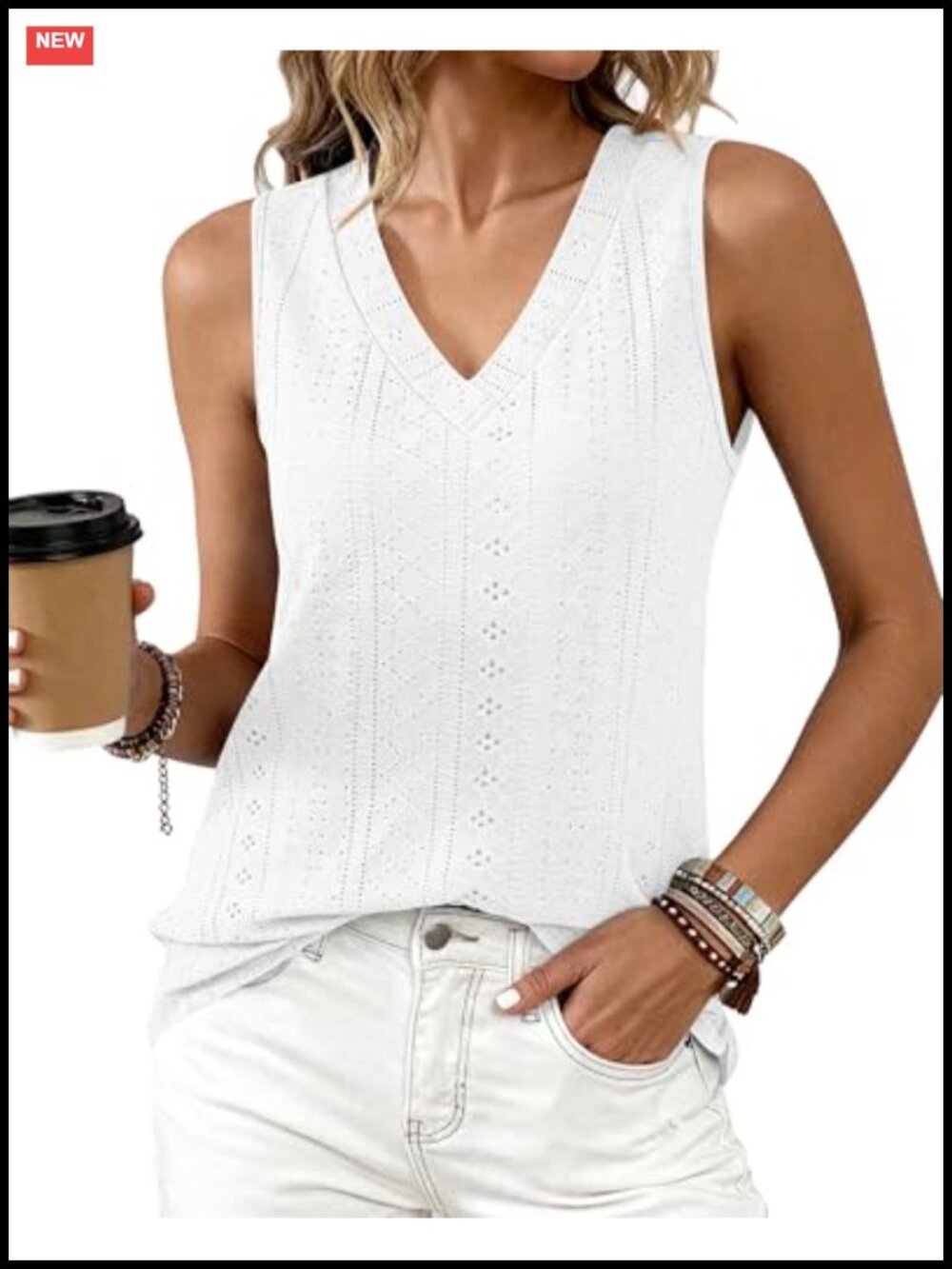 Women's Sleeveless Eyelet Tank Top V-Neck Loose Fit Casual Summer Top